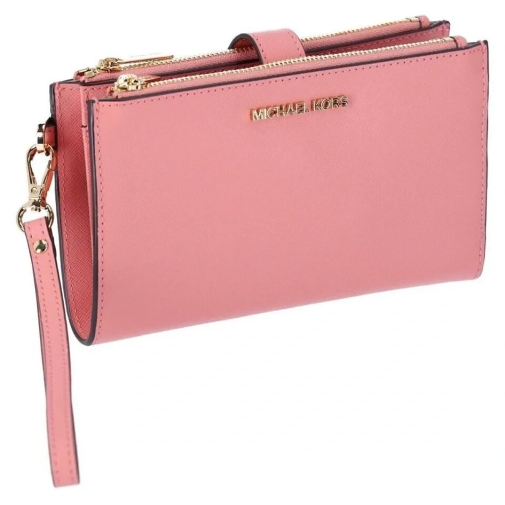 New Michael Kors Jet Set Travel Double Zip Wristlet Wallet Leather Primrose - Picture 7 of 9